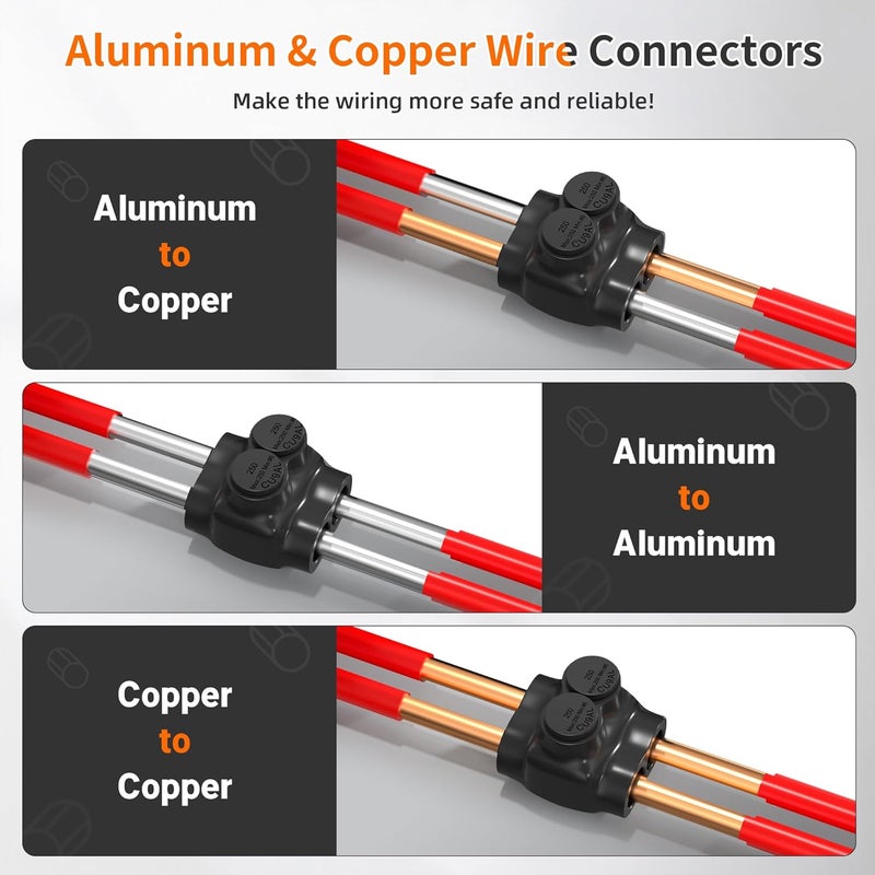 Joinfworld 2 Port Insulated Multi Tap Connector 250MCM-6AWG Aluminum to Copper Wire Connectors Dual Entry Black Electrical Cable Connectors with Slotted Allen Hex - 6 Pack - Image 4